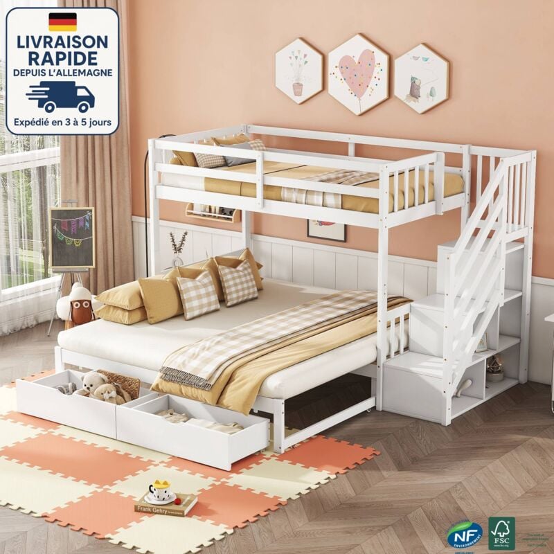 Modfu - Lit superposé 90x200cm, pin, escalier avec rangement, lit double avec 2 tiroirs, sans matelas, blanc