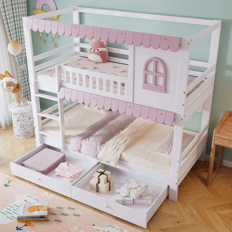 Modfu - Lit superposé 90x200cm, pin + mdf, étagères ouvertes, lit enfant avec 2 tiroirs, sans matelas, blanc + rose