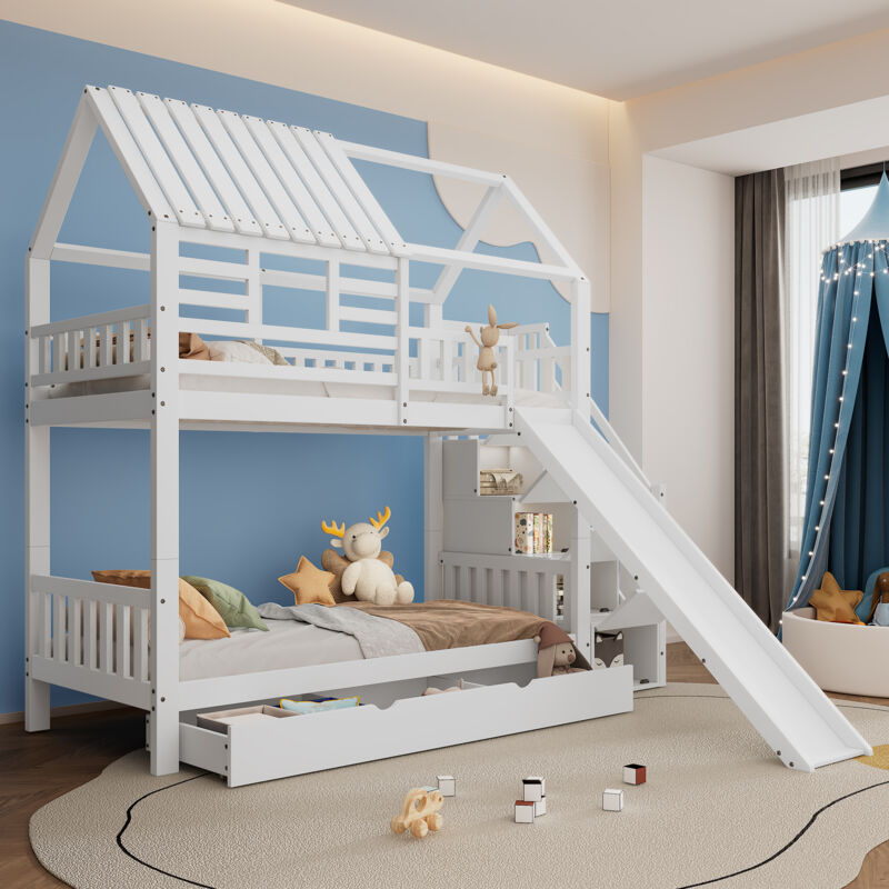 Modfu - Lit superposé 90x200cm pour deux Lit pour enfants avec tiroirs et toboggan, échelle avec compartiment de rangement, pin + mdf, sans matelas,