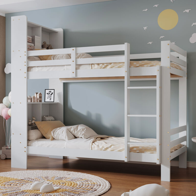 Modfu - Lit superposé 90x200cm pour lit double enfant, tête de lit avec rangement, bois + mdf, sans matelas, blanc