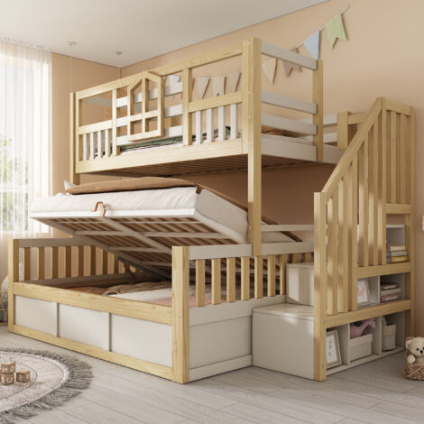 Lit Superposé 90x200cm - Style Cabane avec Rangement Hydraulique - Pour Enfant, Chambre - Bois