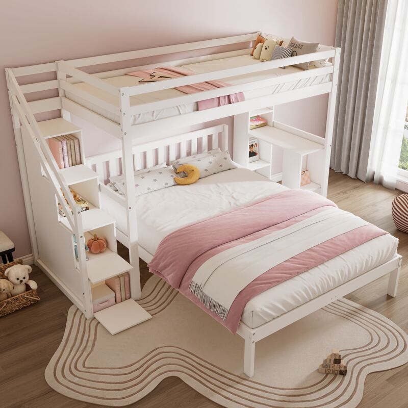 Tanant - Lit superposé 90x200cm+120x200cm avec escalier de rangement et étagères latérales, garde-corps, sommier à lattes, cadre de lit en pin, blanc