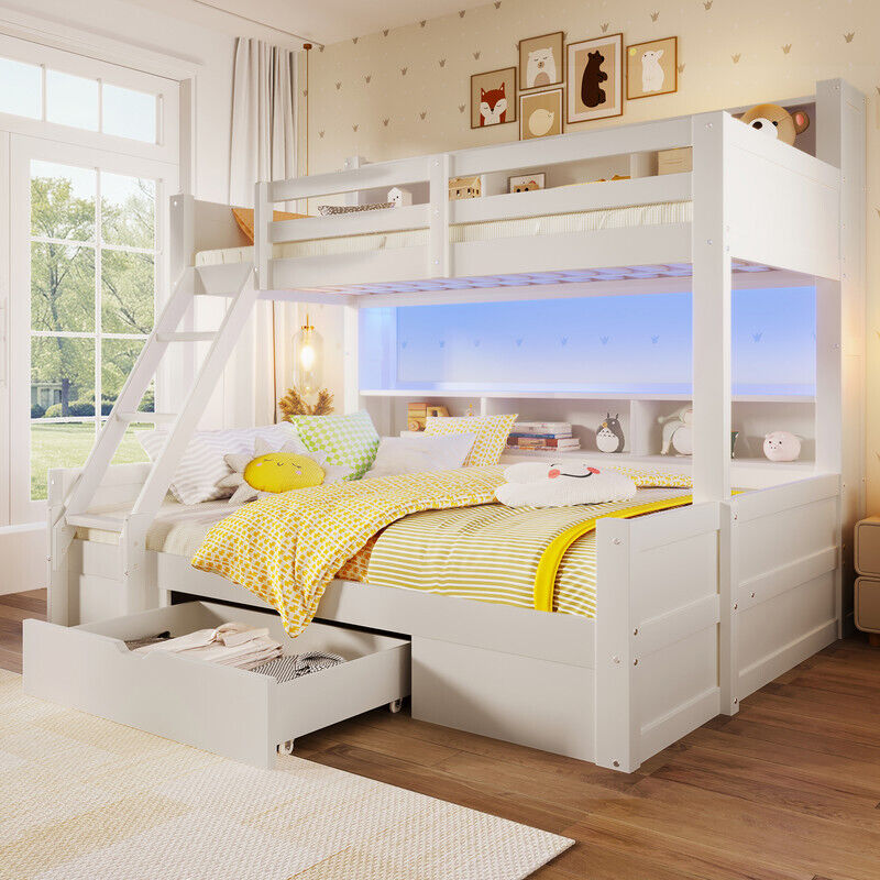 Lit superposé 90x200cm+140x200cm - Avec échelle et barrière de sécurité - 1 tiroir - Lumière LED - Blanc(matelas non inclus)