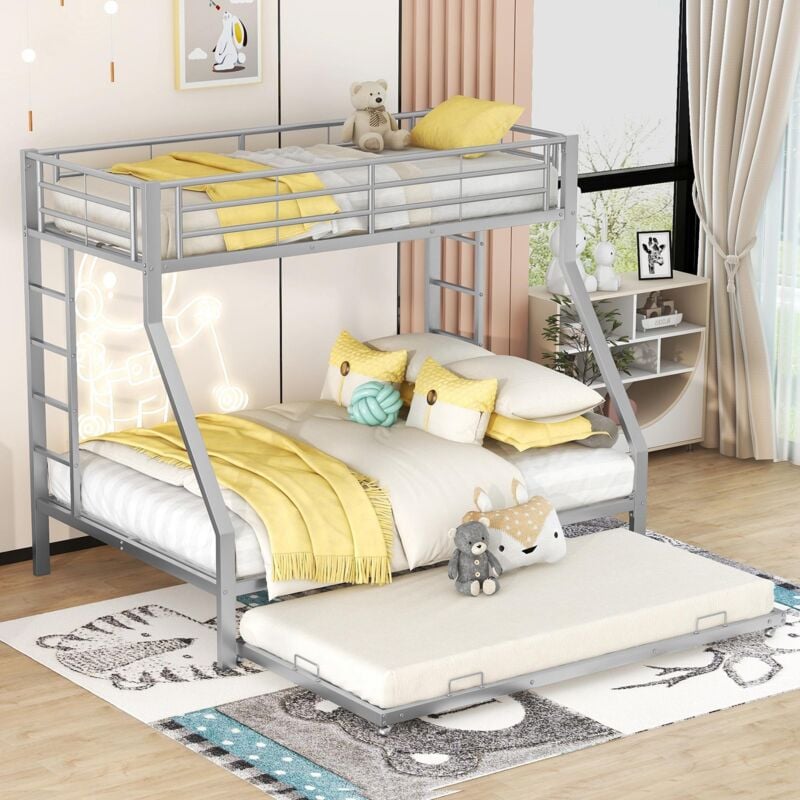 Lit superposé 90x200 cm/140x200 cm/90x190 cm,avec 2 escalier, sommier à lattes en métal, Triple couchette, Lit enfants - gris