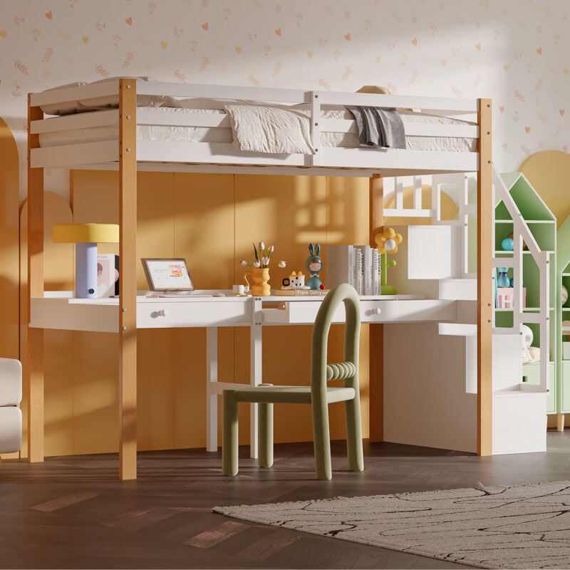 Sunfecili - lit superpose 90x200,lit mezzanine avec bureau,lit enfant avec escalier de rangement, garde-corps de sécurité,Blanc