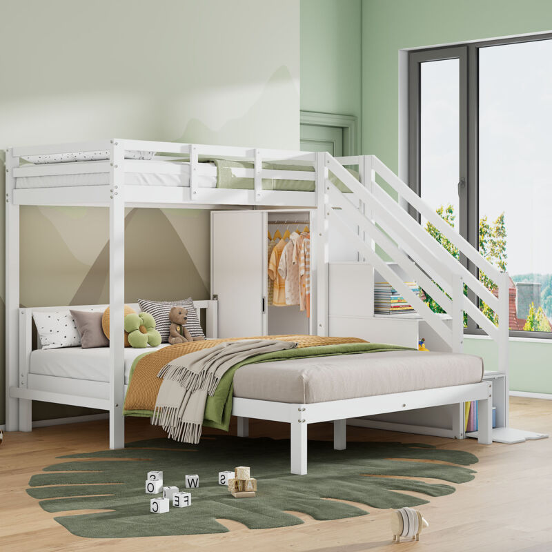 Lit superposé avec armoire intégrée – 90/140x200 cm – Bois et mdf blanc – Échelle avec rangements – Sans matelas – Fonctionnel et élégant, lit enfants