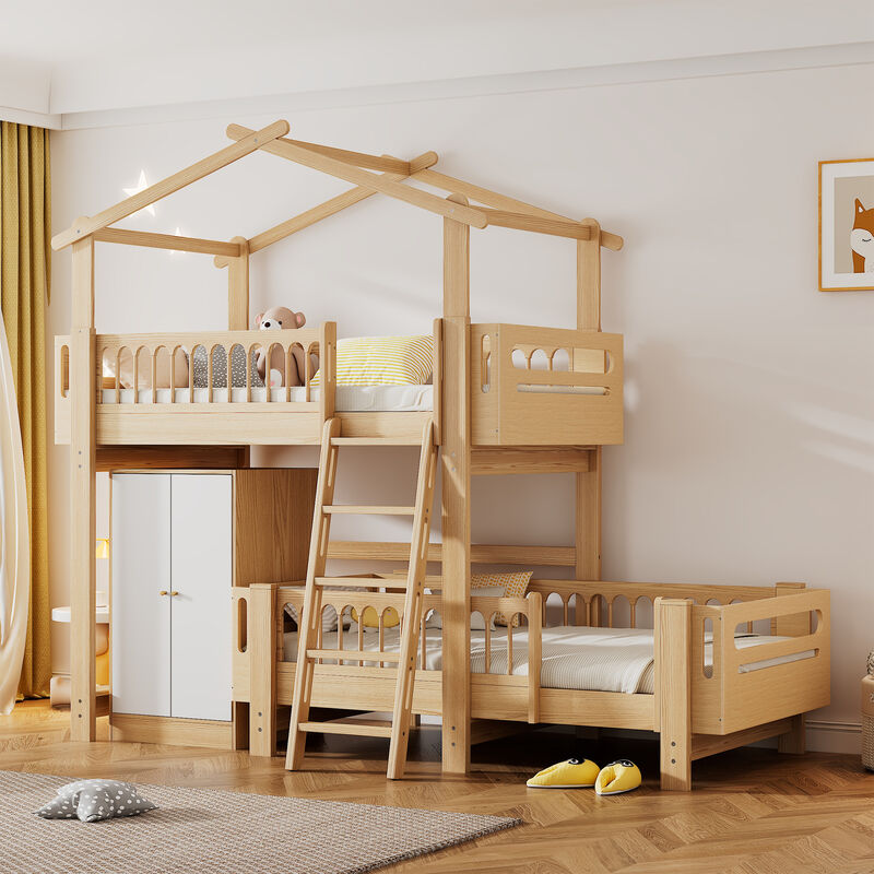Lit superposé avec armoire, lit cabane, lit pour enfant, sous-lit amovible, avec échelle inclinée à quatre niveaux, protection antichute sur quatre