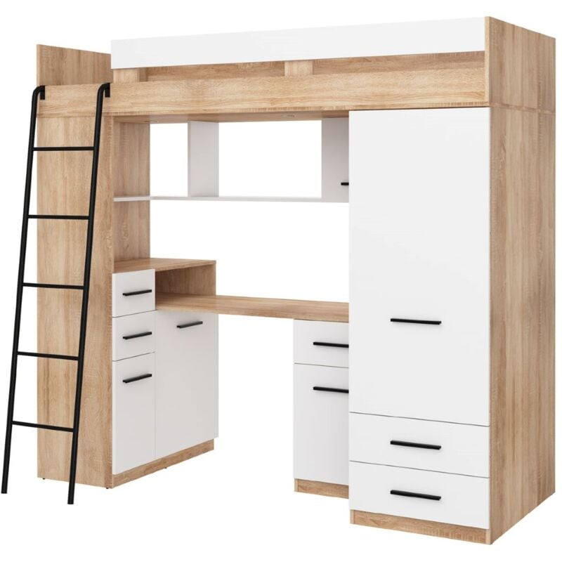 Bim Furniture - Lit superposé avec bureau smyk l cm110x204x188h Chêne blanc