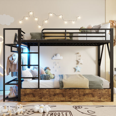 Lit superposé avec cadre en métal, 140x200 cm, avec bureau, 2 tiroirs et étagères, bande LED, garde-corps – Lit pour enfants, sans matelas - Noir