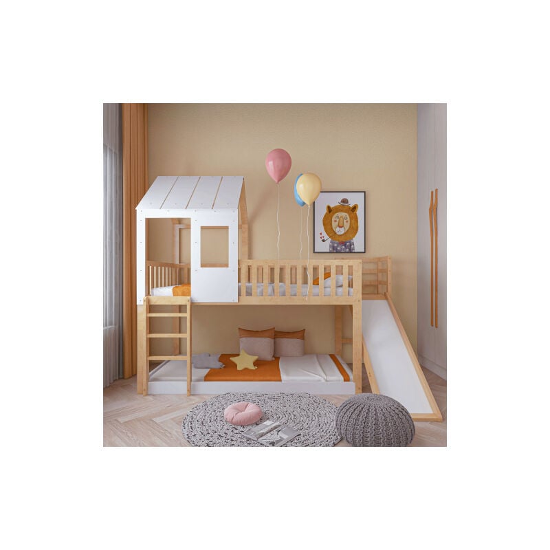 Lit superposé avec échelle à angle droit et toboggan, lit cabane avec toit et fenêtre, lit enfant avec protection antichute et barreaux, structure en
