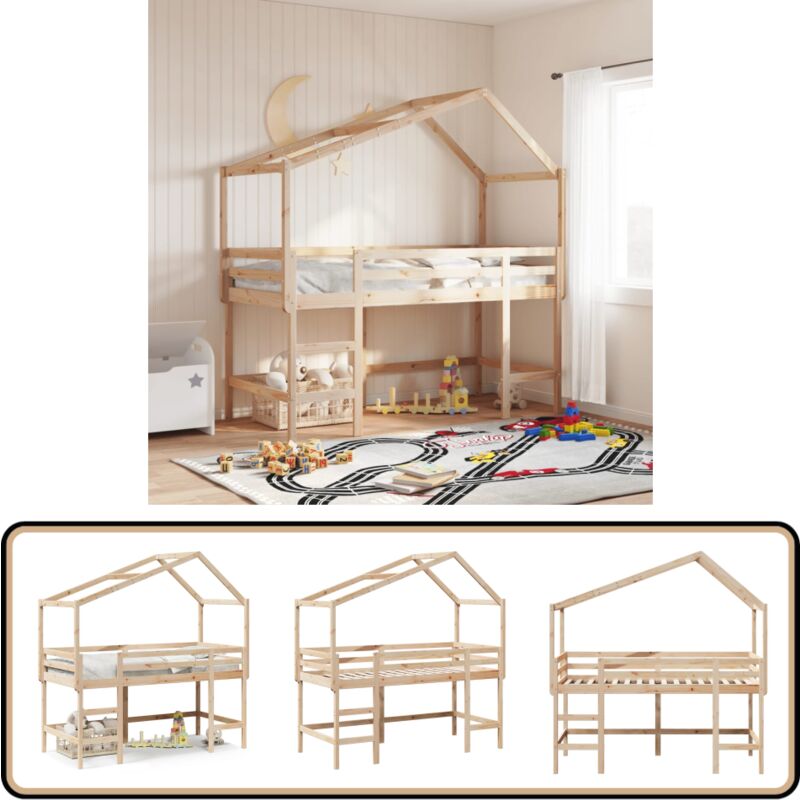 Lit superposé avec échelle et toit sans matelas 90x190 cm - Lit Mezzanine Enfant - Lit Plateforme Enfant - Lit Cabane Enfant - Lit Design Enfant
