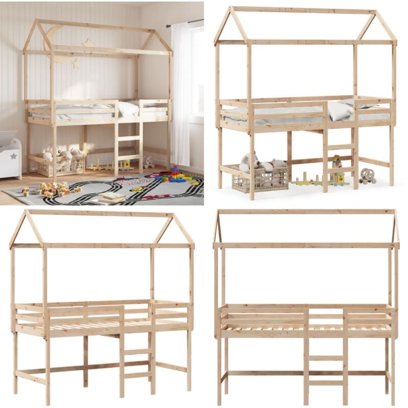 Lit superposé avec échelle et toit sans matelas 90x200 cm - Lit Mezzanine Enfant - Lit Plateforme Enfant - Lit Design Enfant - Lit Bois Massif