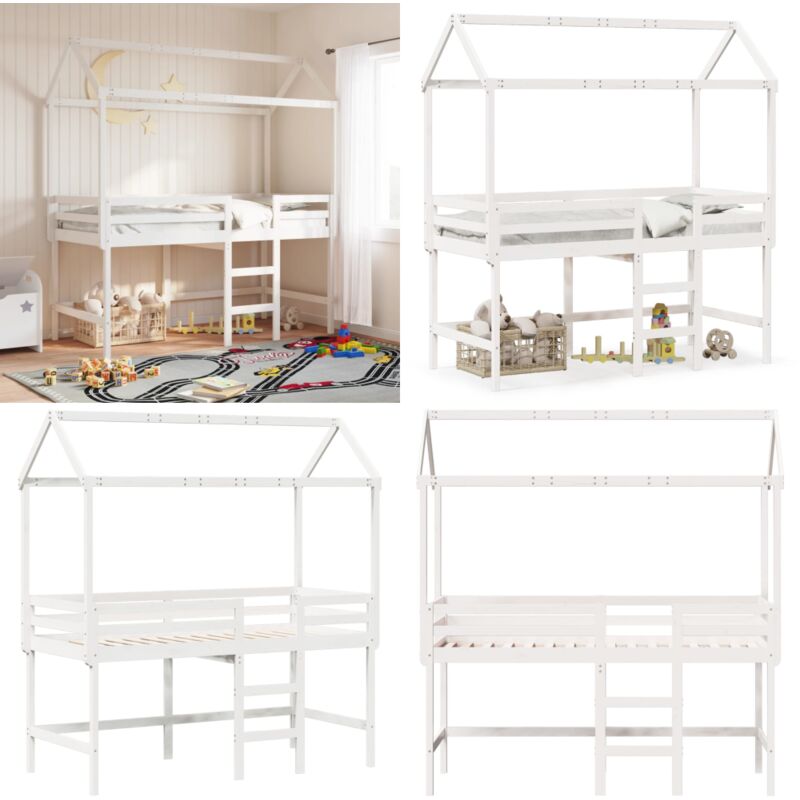 Lit superposé avec échelle et toit sans matelas blanc 80x200 cm - Lit Mezzanine Enfant - Lit Plateforme Enfant - Lit Design Enfant - Lit Bois Massif
