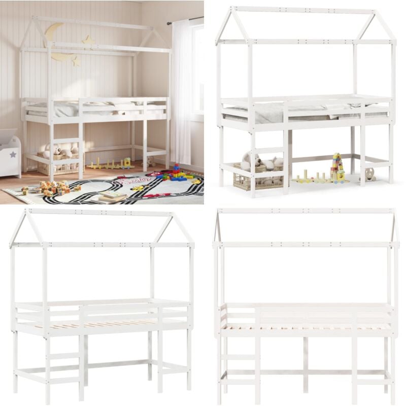Lit superposé avec échelle et toit sans matelas blanc 80x200 cm - Lit Mezzanine Enfant - Lit Plateforme Enfant - Lit Design Enfant - Lit Bois Massif