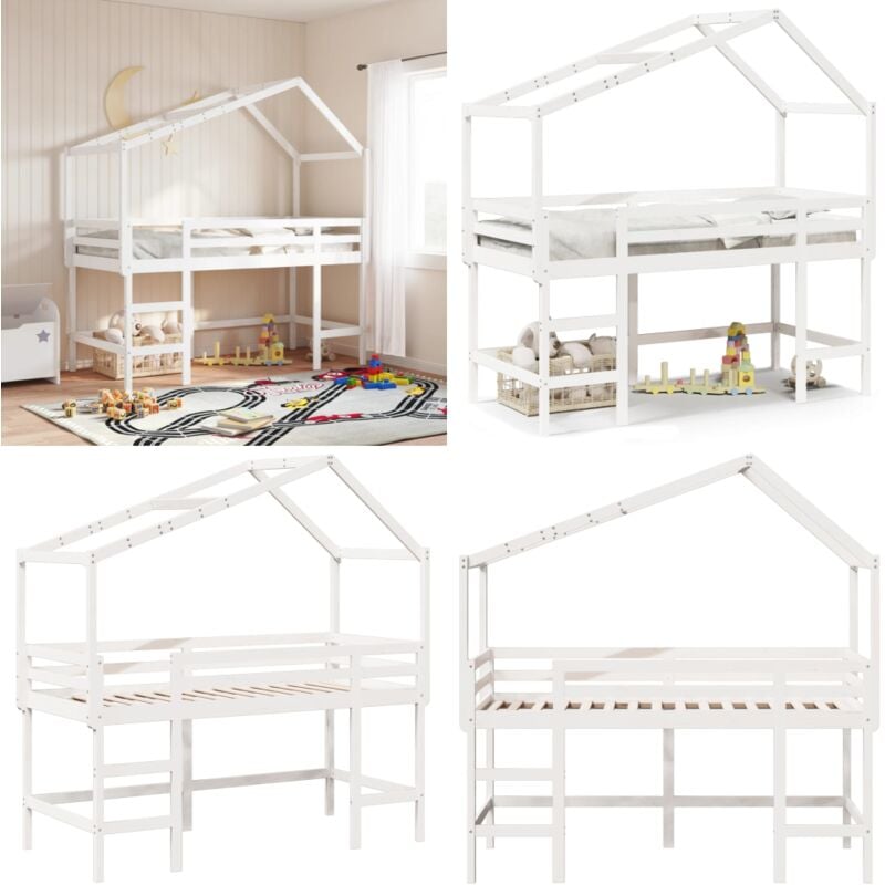 Lit superposé avec échelle et toit sans matelas blanc 80x200 cm - Lit Mezzanine Enfant - Lit Plateforme Enfant - Lit Design Enfant - Meuble Enfant