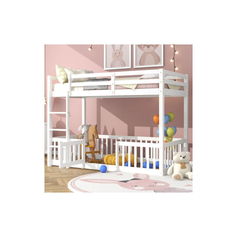 Lit superposé avec escalier à angle droit, lit avec clôture et porte, lit bébé avec protection contre les chutes et grille, bois massif blanc