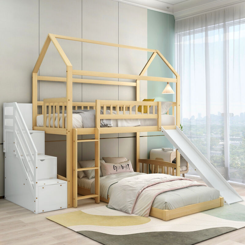 Okwish - Lit superposé 90x200 cm lit enfant, lit cabane avec escalier, toboggan et barriéres de protection, en bois, couleur bois + blanc, sans