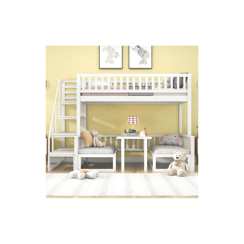 Lit superposé avec escalier, avec table réglable, avec canapé en bois, cadre en pin solide, blanc (90x200cm et 120 200cm)
