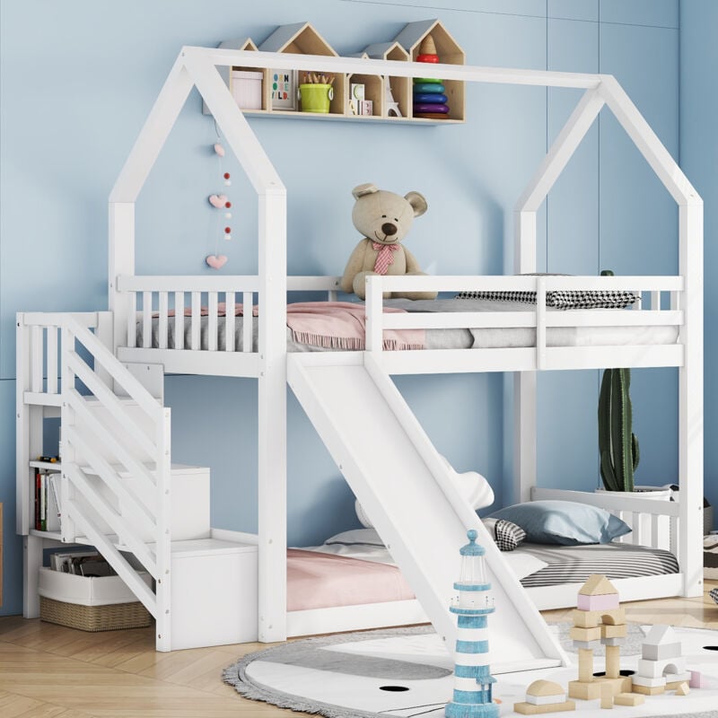 Redom - Lit superposé avec escalier de rangement et toboggan, lit cabane, lit enfant avec balustrade, adapté aux enfants, adolescents, 90x200cm, blanc