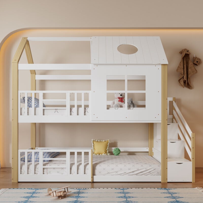 Lit superposé avec escalier de rangement, lit cabane, lit enfant, avec grille antichute, avec fenêtre et toit, pin+MDF, blanc+naturel, 90x200cm