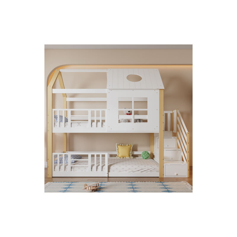 Lit superposé avec escalier de rangement, lit familial, lit bébé avec grille anti - chute, avec fenêtre et toit, pin + MDF, blanc + nature, 90x200cm