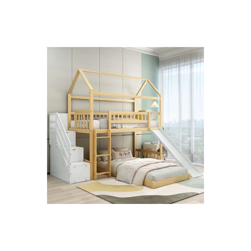 Lit superposé avec escalier espace de rangement, lit cabane avec toboggan, lit enfant avec protection antichute, cadre en bois, naturel + blanc