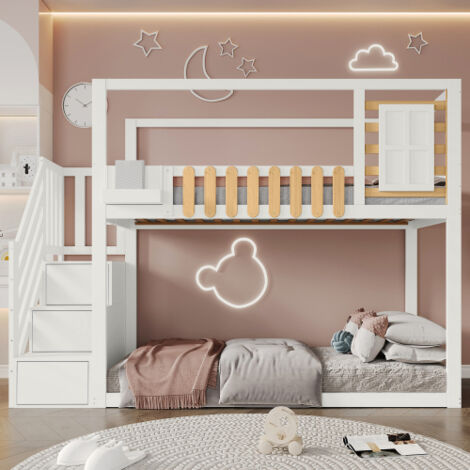 Lit Superposé avec Escalier, Fenêtre et Étagère, Cadre en Pin Massif, Lit Bébé avec 3 Compartiments de Rangement dans l'Escalier, avec Barrière de Sécurité, Blanc, 90x200cm