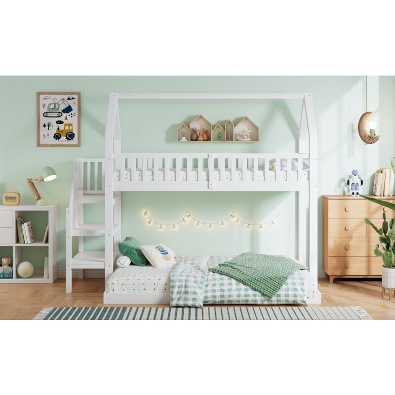 Redom - Lit superposé, avec escalier, protection antichute et barreaux, 90x200cm, en bois, blanc
