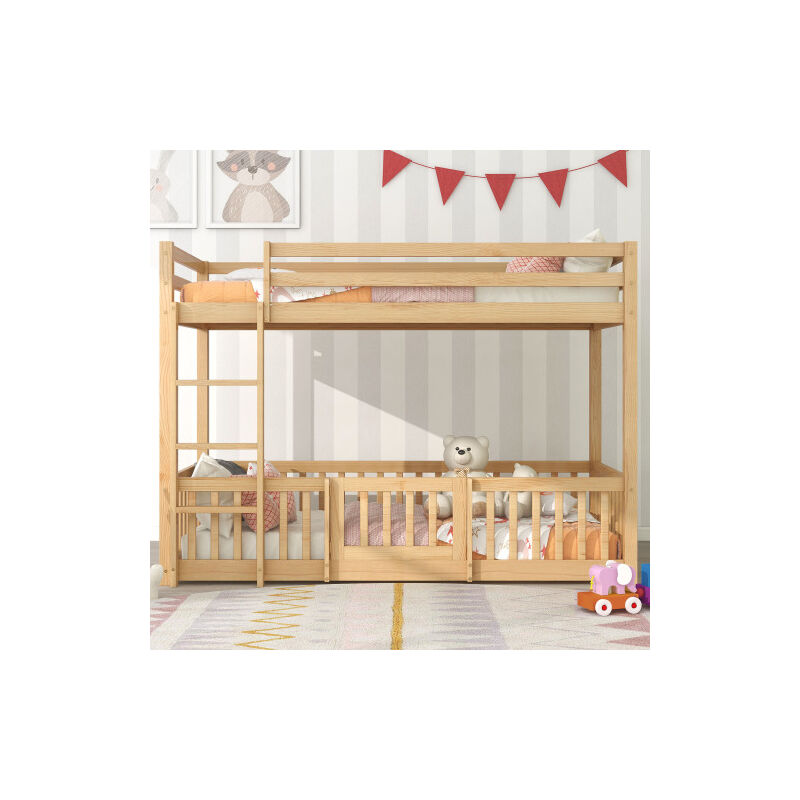 Gotrays - liberté Lit superposé avec escalier à angle droit et portes, lit d'enfant avec protection contre les chutes,en bois de pin massif, naturel