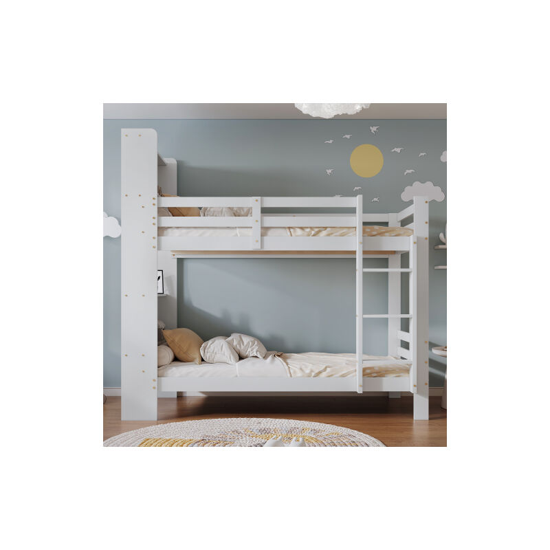 Lit superposé avec étagères et échelle rectangulaire triple, lit en bois de rangement, cadre de lit en bois massif, blanc, 90x200 cm