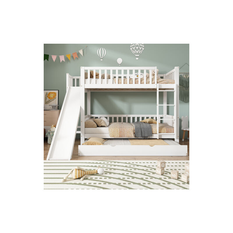 Lit superposé avec lit pliant lit bébé avec grille antichute avec toboggan et étagères avec échelle droite de 4 étages pin + MDF blanc 90x200 / 190cm