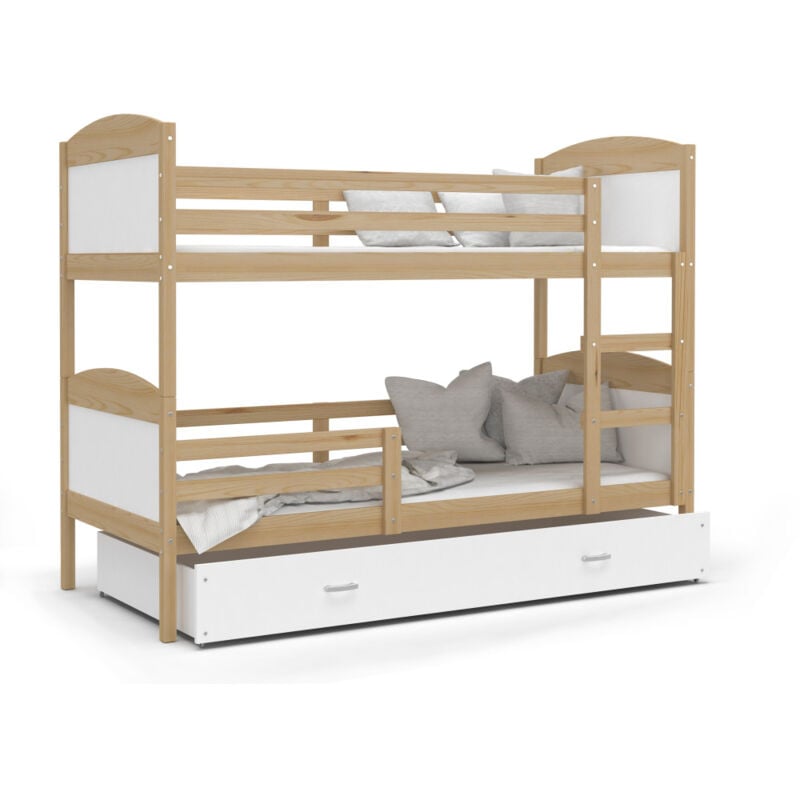 Kids Literie - Lit Superposé Mateo 90x190 Pin - blanc Livré avec sommiers, tiroir et matelas en mousse de 7cm