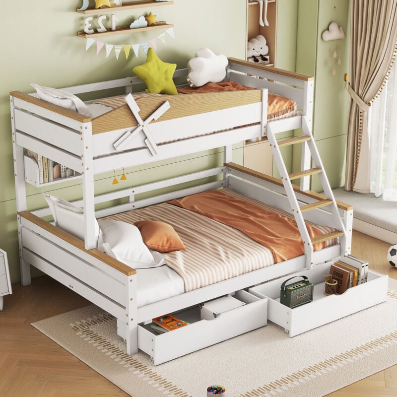 Okwish - Lit superposé 90/140x200 cm lit enfant 2 places avec grille antichute, échelle et tiroirs, en pin + mdf, blanc + naturel