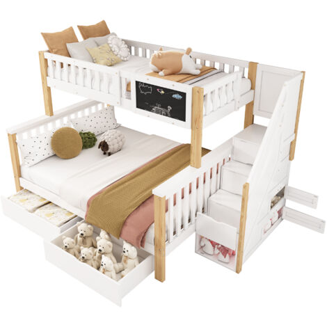 Lit superposé avec rangement bois massif blanc + chêne clair 90x200 + 140x200 cm, sommier inclus, avec tableau