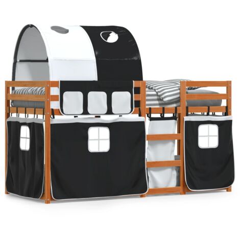 Lit superposé avec rideaux blanc-noir 80x200 bois pin massif