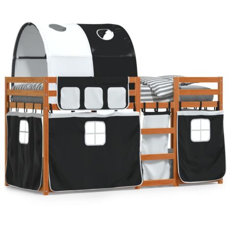Lit superposé avec rideaux blanc-noir 90x190 bois pin massif