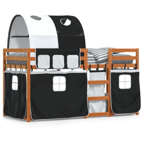 Lit superposé avec rideaux blanc-noir 90x200 bois pin massif