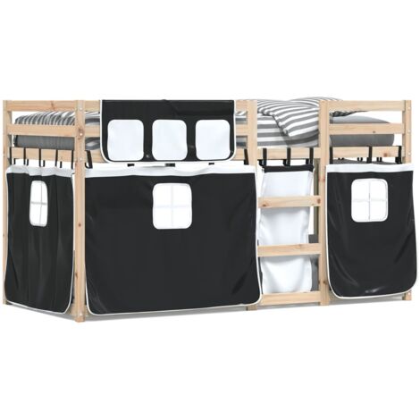 Lit superposé avec rideaux blanc-noir 90x200 bois pin massif