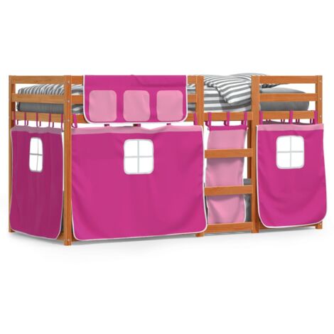 Lit superposé avec rideaux rose 80x200 bois pin massif