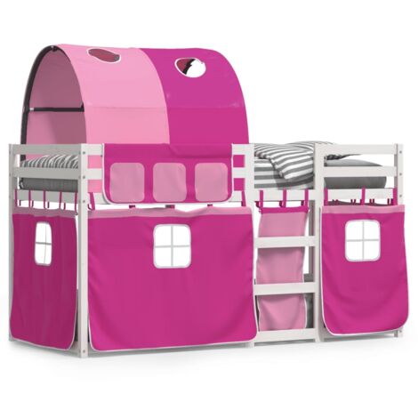 Lit superposé avec rideaux rose 90x190 bois pin massif