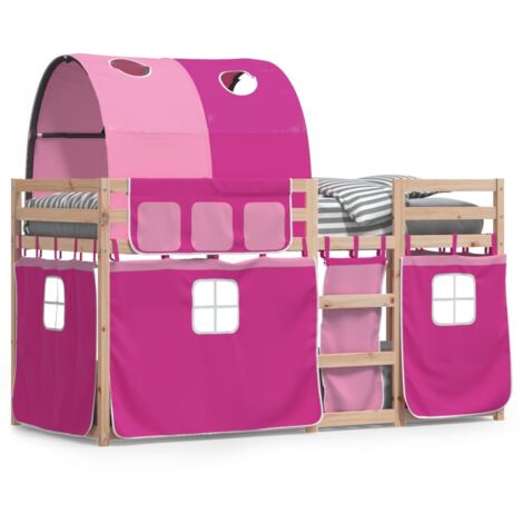 Lit superposé avec rideaux rose 90x190 bois pin massif