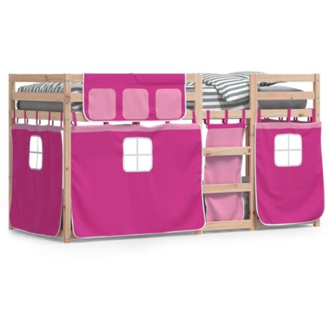Lit superposé avec rideaux rose 90x190 bois pin massif