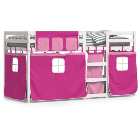 Lit superposé avec rideaux rose 90x190 bois pin massif