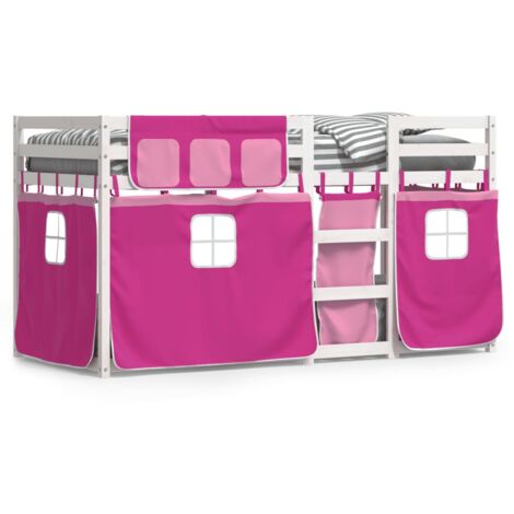 Lit superposé avec rideaux rose 90x200 bois pin massif