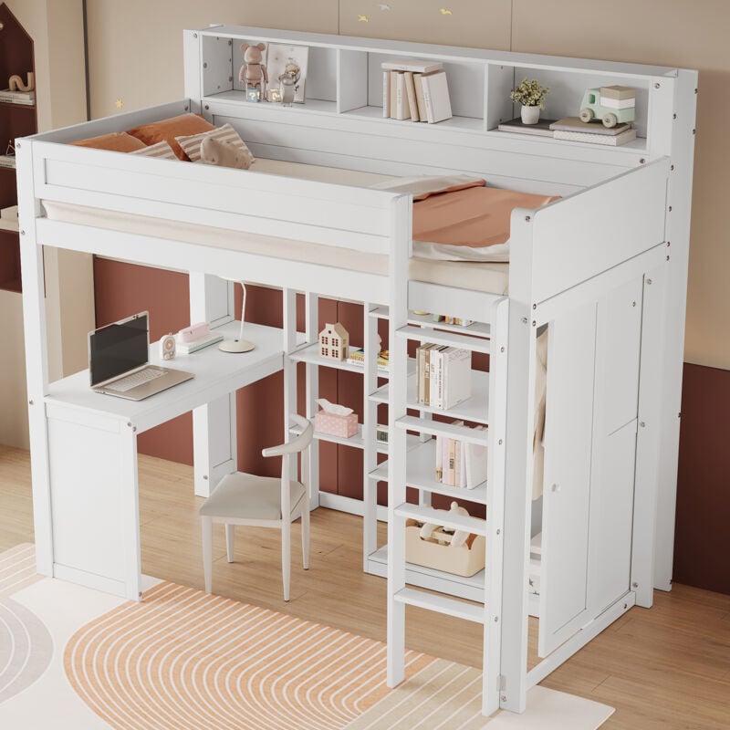 Redom - Lit superposé enfant 90x200 cm avec table et armoire, Lit mezzanine avec étagères et échelle, pin+MDF, blanc, sans matelas