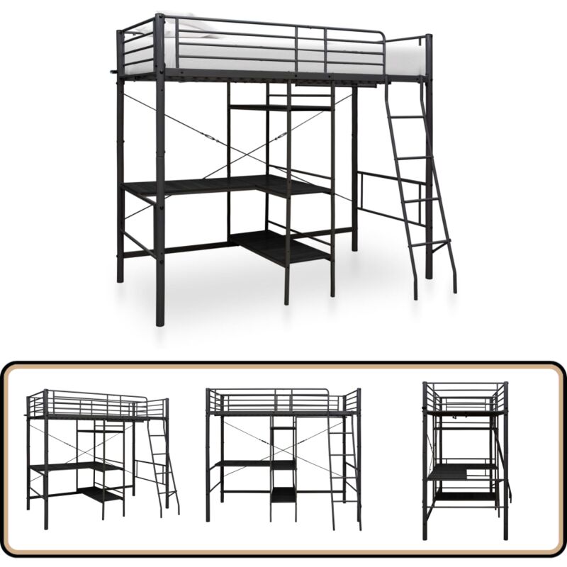 Vidaxl - Lit superposé avec table sans matelas noir métal 90x200 cm - Lit Superposé - Lit Double - Lit Mezzanine - Literie Enfant - Mobilier Enfant