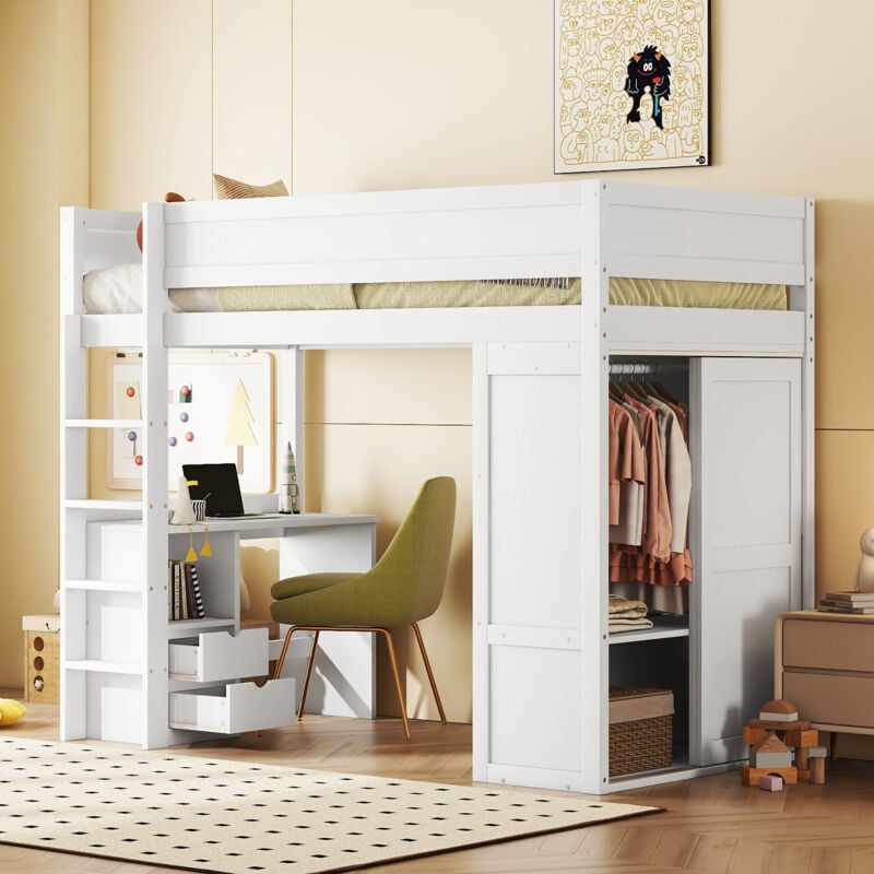 Okwish - Lit mezzanine 90x200 cm, lit enfant, lit simple avec armoire, bureau et de tiroirs, en bois de pin, blanc