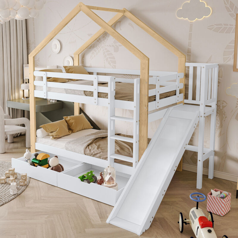Okwish - Lit superposé 90x200 cm lit enfant, lit cabane avec toboggan, échelle, protection antichute et 2 tiroirs, en bois massif, blanc+naturel