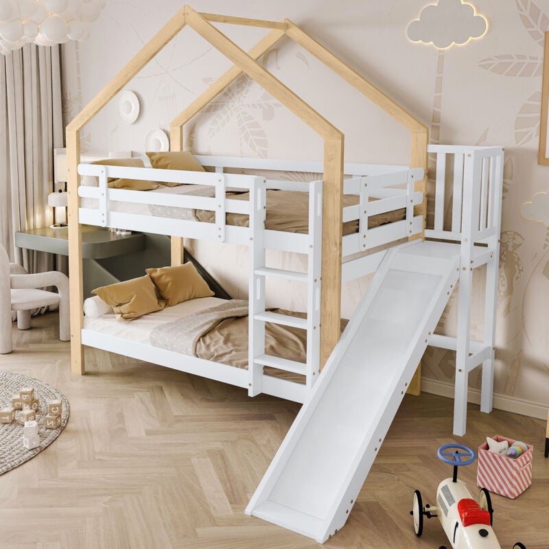 Okwish - Lit superposé 90x200 cm lit cabane avec toboggan, échelle d'angle à trois marches, protection antichute, en bois massif, blanc + naturel