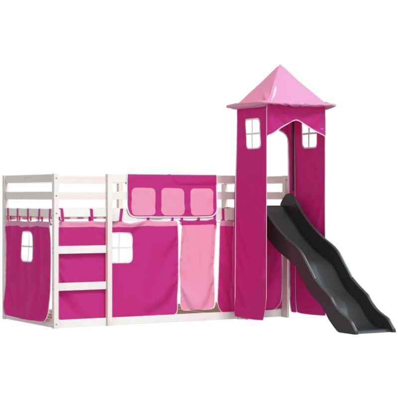 Lit superposé avec toboggan et rideaux rose 90x190 cm Vidaxl Pink